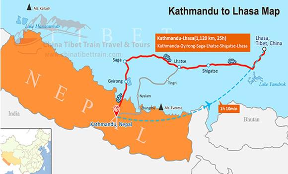 Kathmandu to Lhasa Travel Map