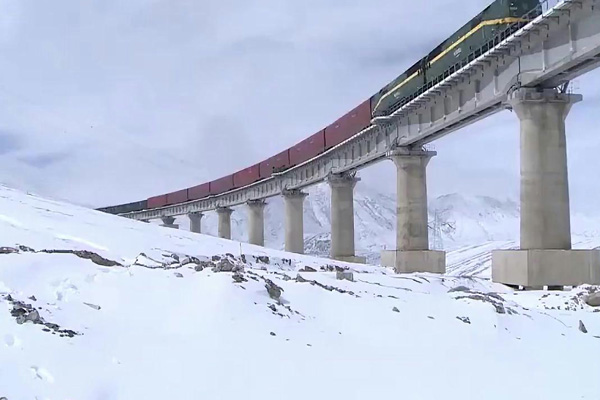 Tibet train running on the rails built on the permafrost
