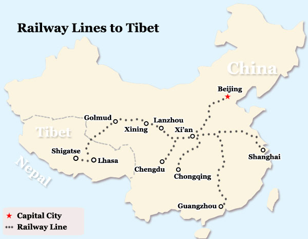 Map of China Railway Lines to Tibet