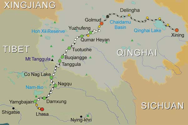 Route Map of Xining Lhasa Train