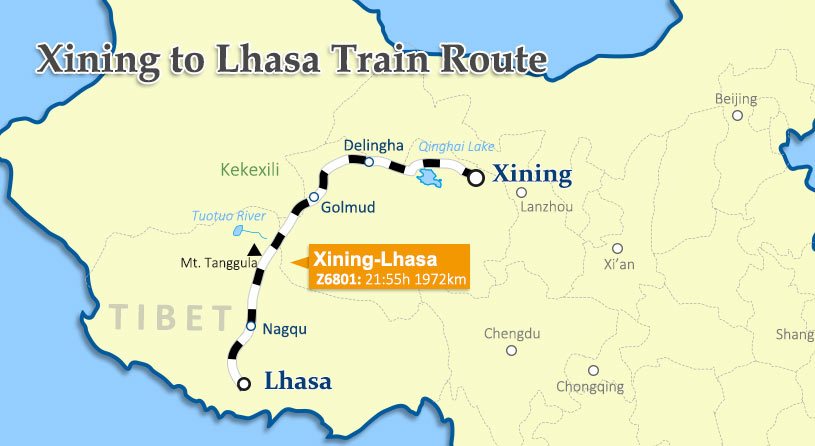 Xining to Lhasa Train Route Xining to Lhasa Train Map
