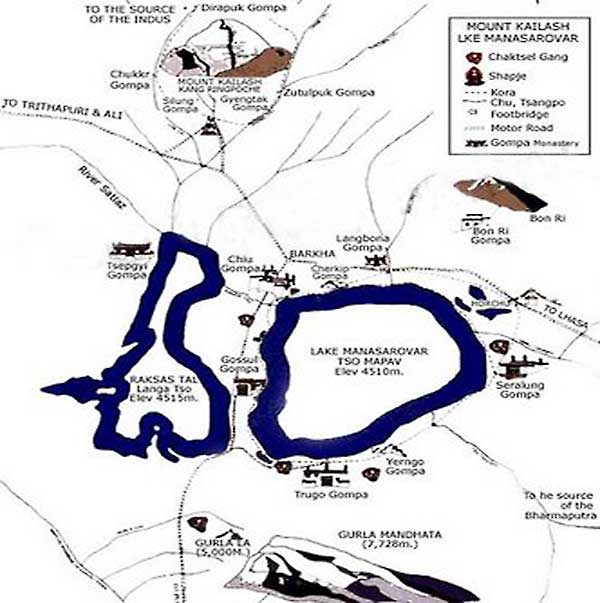 Map pf Mount Kailas and Lake Manasarovar