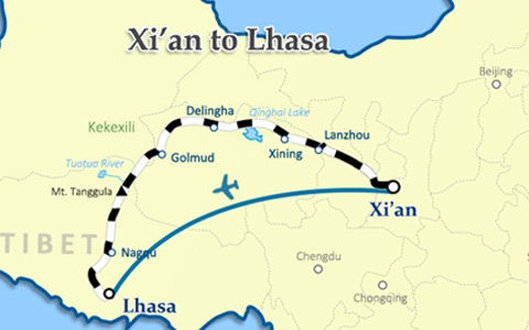 Xi'an to Tibet Travel Route Map