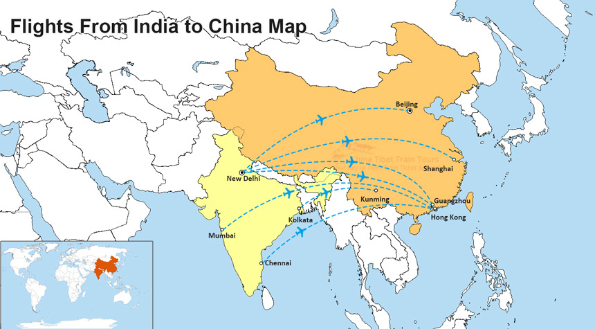 India to China Flight Route Map