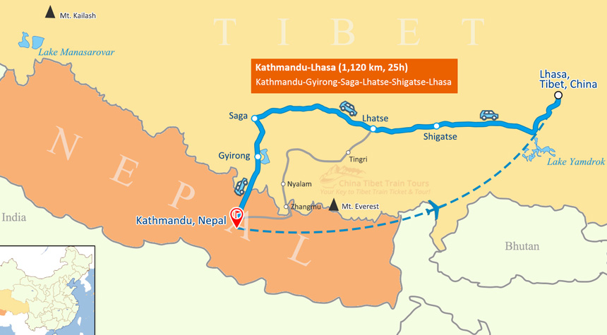 Kathmandu to Lhasa Travel Map