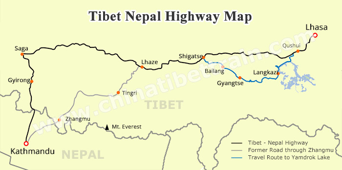 Tibet Nepal Highway Map Tibet Nepal Highway Map