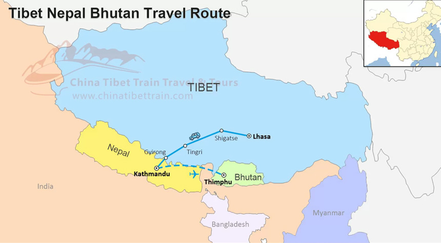 Tibet Nepal and Bhutan Travel Route Map