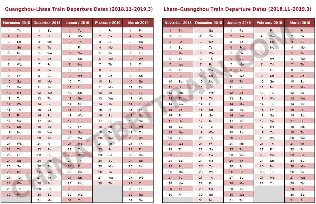 Guangzhou to Lhasa Train Departure Dates