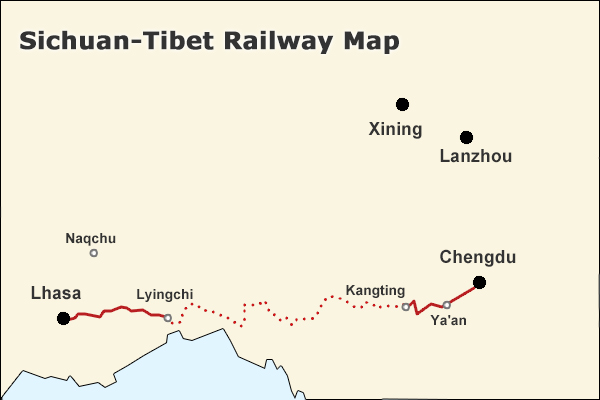 Map of Sichuan Tibet Train Route