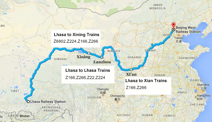 Map of Train Leaveing Lhasa to Beijing