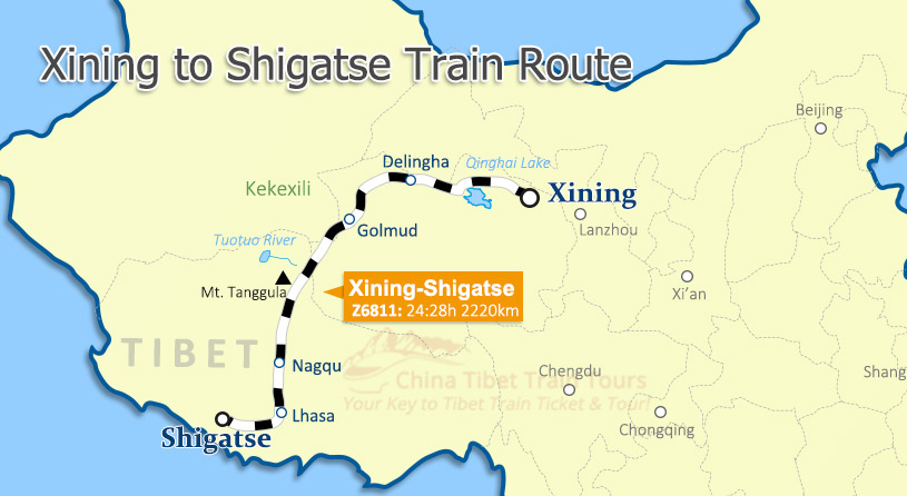 Xining to Shigatse Train Map Xining to Shigatse Train Map