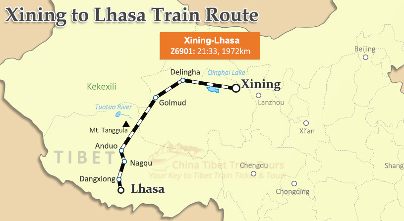Xining to Lhasa Train Route Xining to Lhasa Train Map