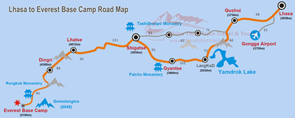  Road Map from Lhasa to Everest Base Camp 