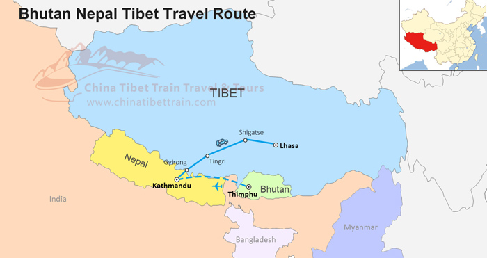  Travel map from Bhutan to Nepal to Tibet 