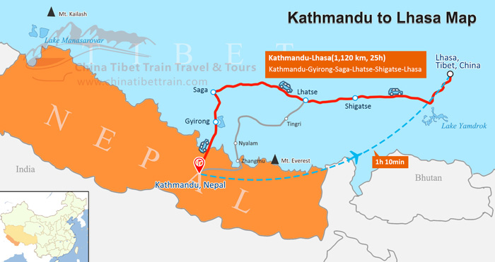  Kathmandu to Lhasa Route Map 