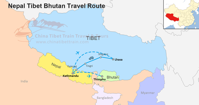  Travel map from Bhutan to Nepal to Tibet 